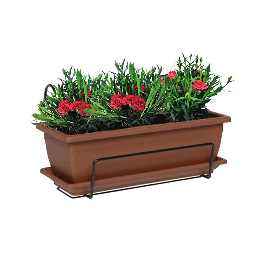 Fioriera Nara da balcone color terracotta con 3 Garofani rossi, sottovaso e supporto – Kit completo I Giardini di Giulia