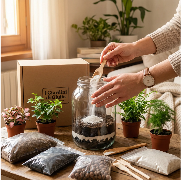 Donna che crea il suo terrarium su un tavolo di legno con tutti i componenti del kit fai da te de i Giardini di Giulia.