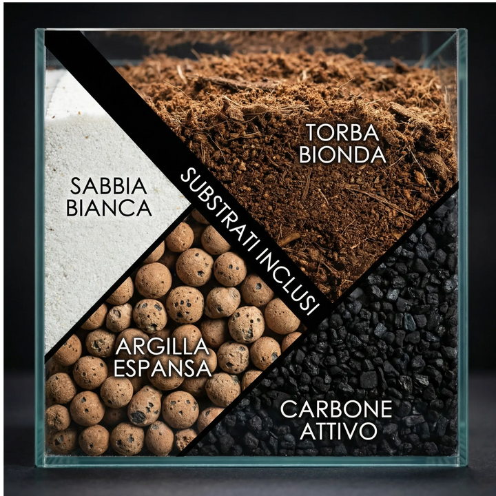 Dettaglio dei 4 substrati professionali inclusi nel kit: sabbia bianca, torba bionda, argilla espansa e carbone attivo per il drenaggio.