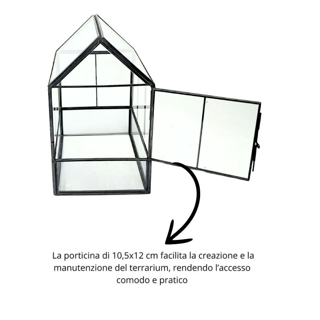 Contenitore in vetro geometrico per terrarium con sportellino apribile da 10,5x12 cm, ideale per piante grasse e composizioni fai da te – facile da allestire e mantenere.
