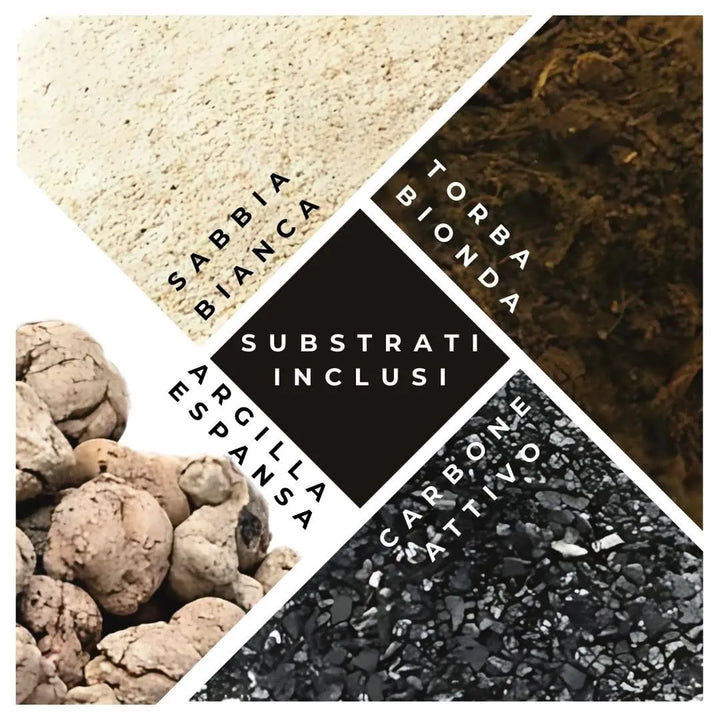 Grafica informativa che mostra i substrati inclusi nel Kit Terrarium Lamparium de "I Giardini di Giulia": sabbia bianca, torba bionda, argilla espansa e carbone attivo, disposti in un layout geometrico con scritte chiare.







