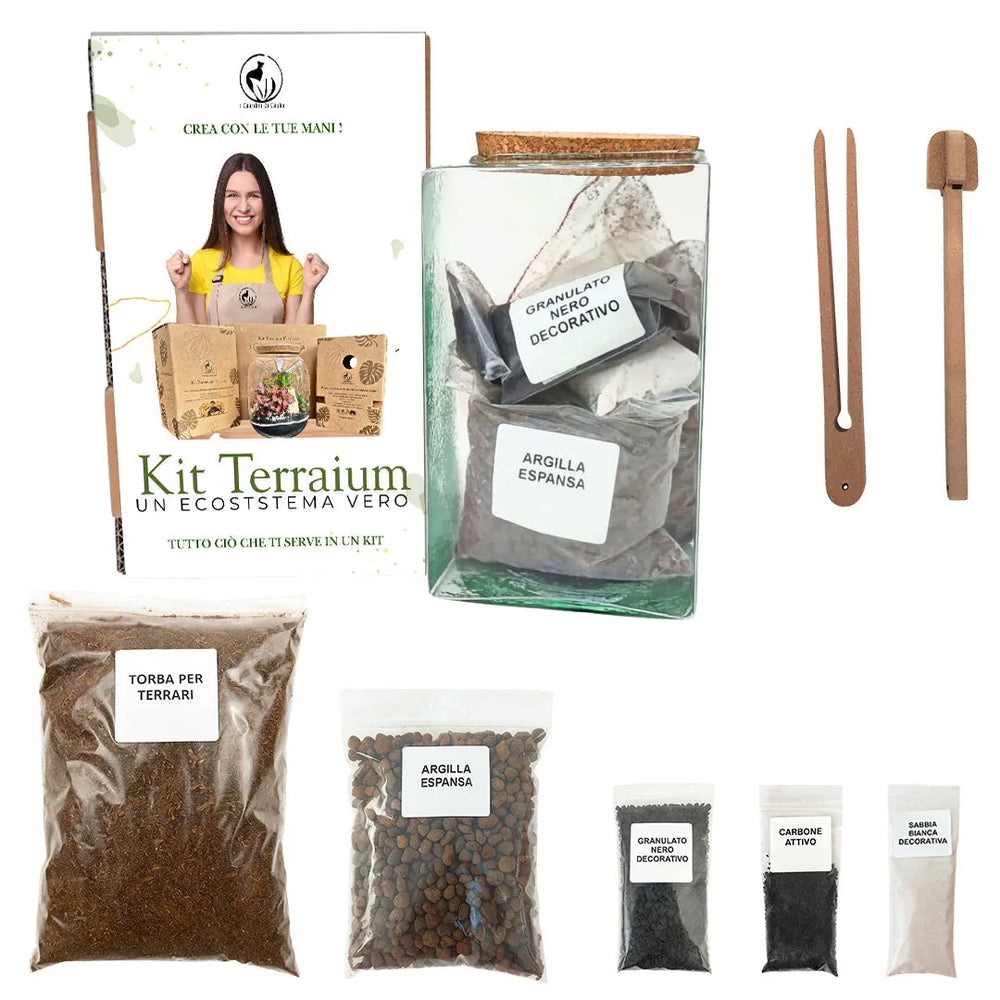 dettaglio su tutti i komponenti di questo kit torba argilla carbone attivo dabia decorativa e atrezzini per la creazione 