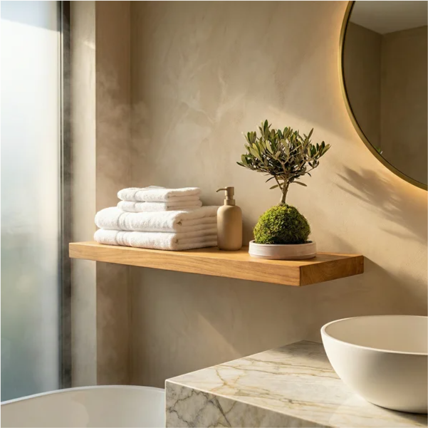  Sulla mensola teak con asciugamani bianchi e dispenser sapone. Specchio retroilluminato in ottone, microcemento beige, luce calda mattutina dalla finestra smerigliata