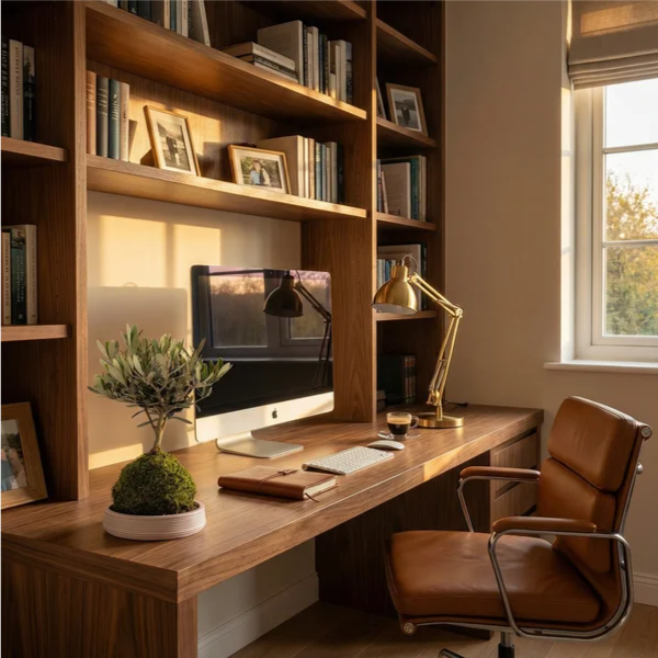 Sulla scrivania in noce con iMac, lampada ottone articolata, espresso e agenda in pelle. La sfera di muschio e la base ceramica sono perfettamente visibili, luce pomeridiana calda