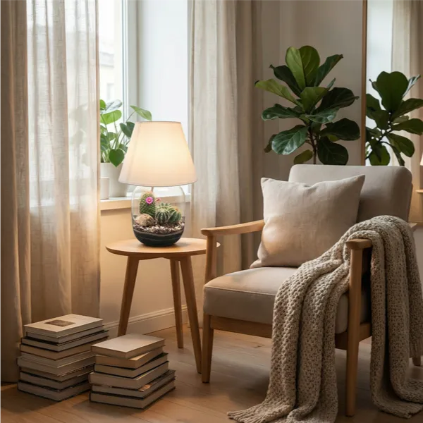 Lamparium Dune Lux lampada terrarium tavolino tondo legno angolo lettura. Poltrona cuscino plaid libro. Luce calda rilassante hygge scandinavo.