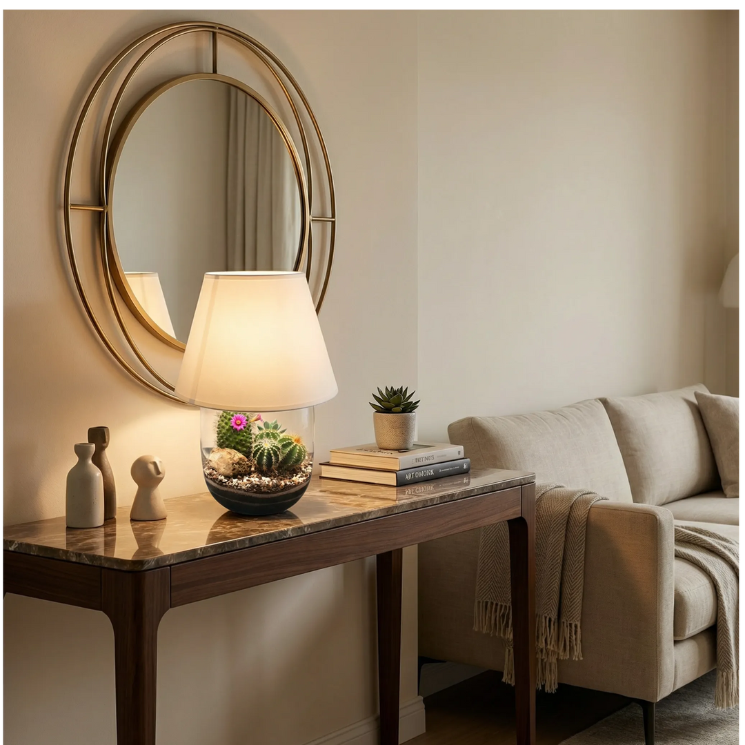 Lamparium Dune Lux lampada terrarium console marmo ottone soggiorno. Specchio tondo vaso fiori secchi libro divano beige. Elegante sofisticato.