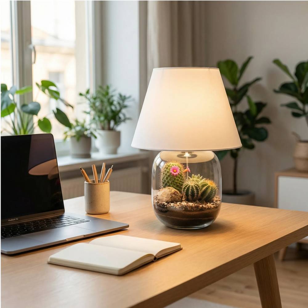 Lamparium Dune Lux lampada terrarium scrivania noce home office. Laptop tastiera notebook portapenne ottone finestra. Luce produttiva calda.