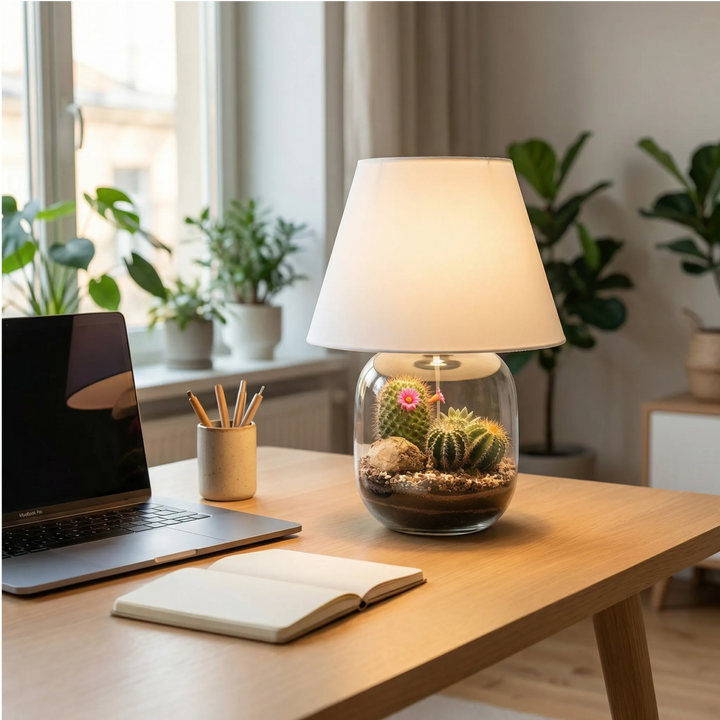 Lamparium Dune Lux lampada terrarium scrivania noce home office. Laptop tastiera notebook portapenne ottone finestra. Luce produttiva calda.