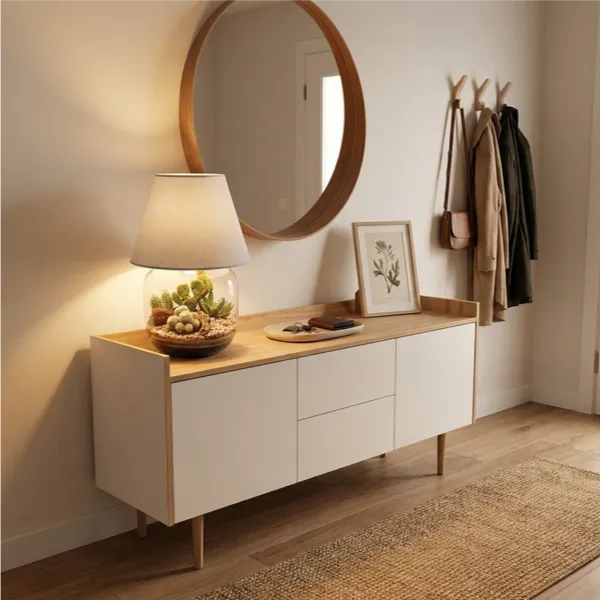 Lamparium Martina consolle ingresso. Specchio tondo appendiabiti vassoio chiavi. Atmosfera accogliente benvenuto luminosa. Stile contemporaneo.