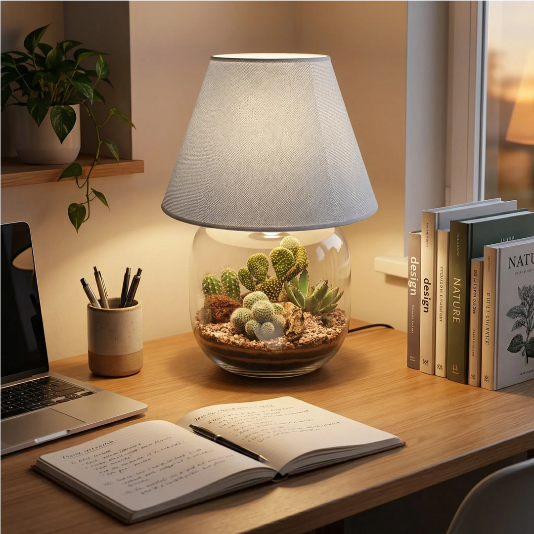 Lamparium Martina scrivania studio. Notebook penne laptop libri. Luce lettura concentrazione. Atmosfera produttiva home office. Design moderno.