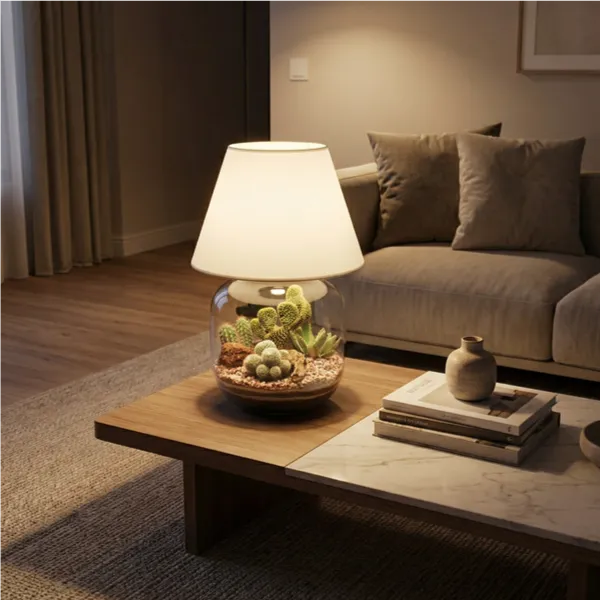 Lamparium Martina tavolino soggiorno. Lampada accesa divano libri vaso ceramica. Atmosfera serale elegante contemporanea. Design scandinavo.