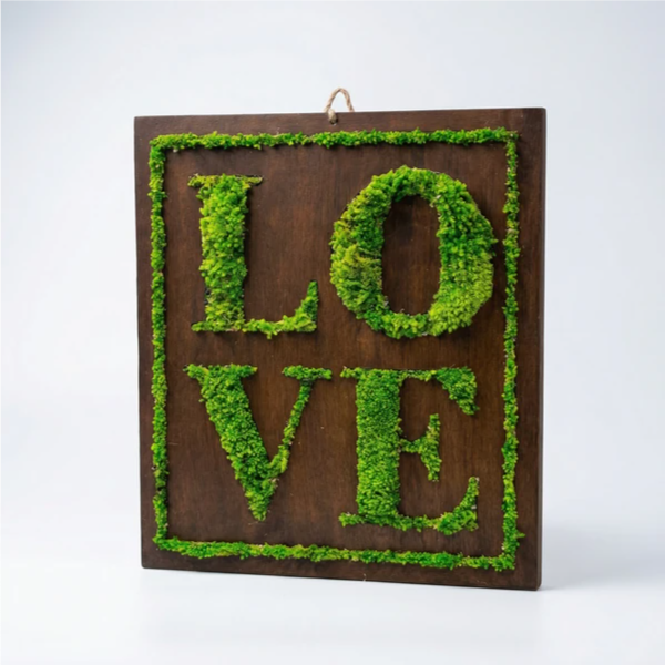Quadro muschio stabilizzato LOVE - decorazione verde da parete con scritta LOVE in muschio su base in legno scuro