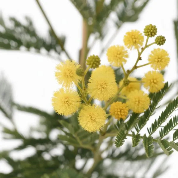 Dettaglio fiori gialli sferici di mimosa acacia dealbata con foglie verdi frastagliate