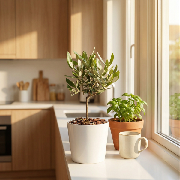 Mini bonsai olivo sul davanzale di cucina moderna con luce naturale del mattino