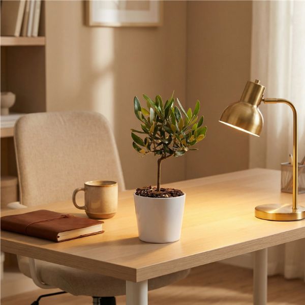 Mini bonsai olivo su scrivania home office in legno con lampada dorata e luce calda