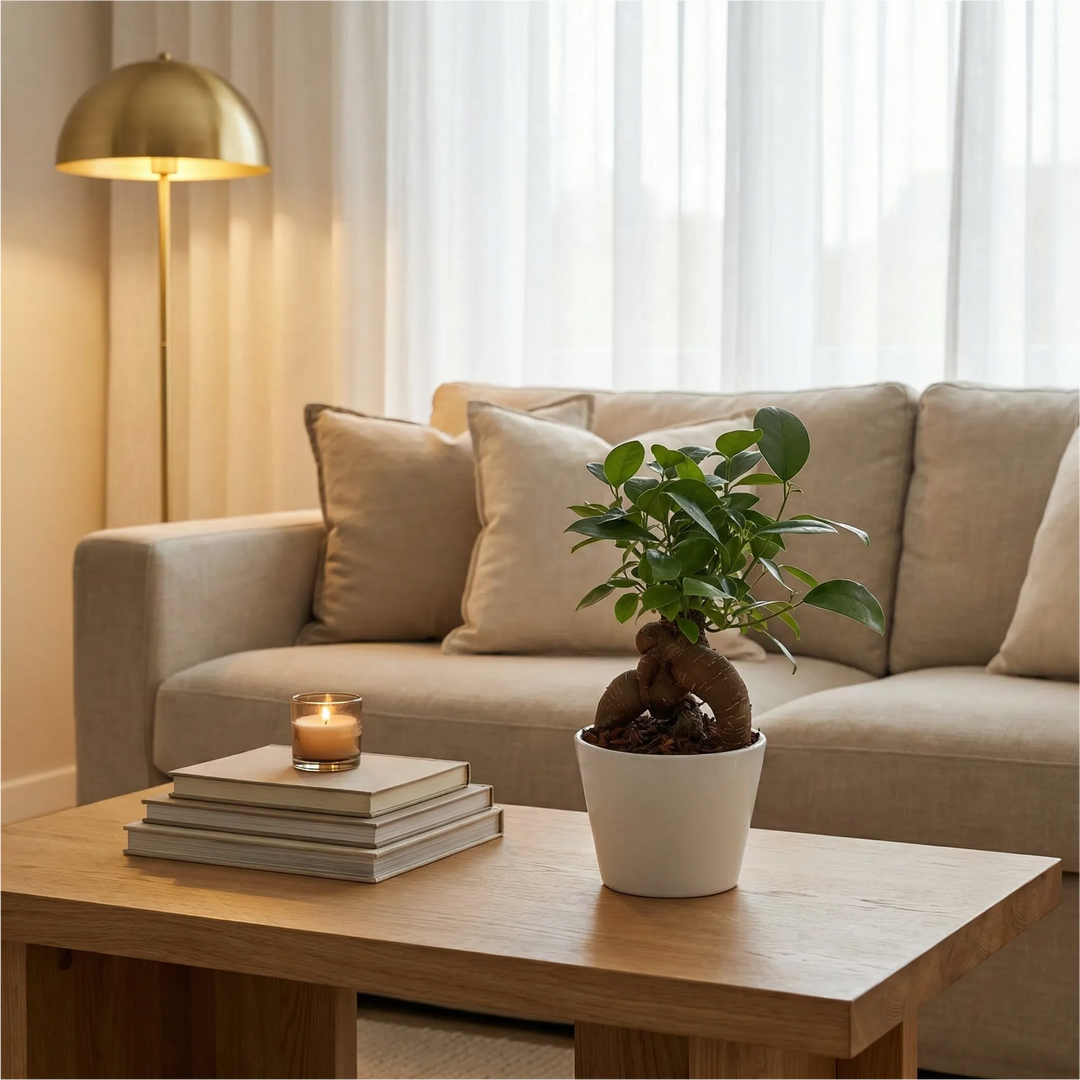 Mini ficus ginseng bonsai su tavolino in rovere in soggiorno moderno con luce calda
