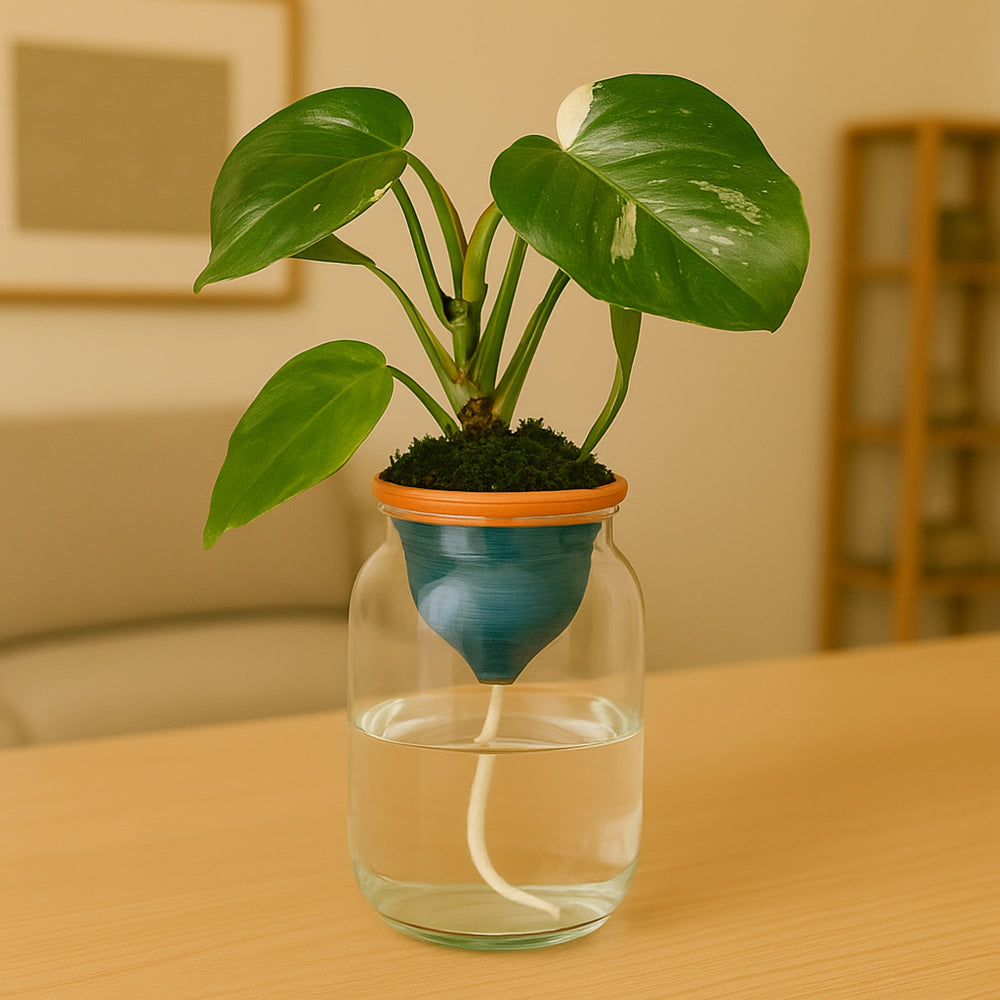 Monstera albo-variegata in vaso trasparente con sistema idrocoltura, cono in terracotta e corda capillare, posizionata su tavolo in salotto moderno. Pianta tropicale decorativa con foglie variegate verdi e bianche.