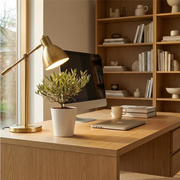 Olivo bonsai Dallas Midi vaso ceramica bianco su scrivania home office lampada ottone dorata