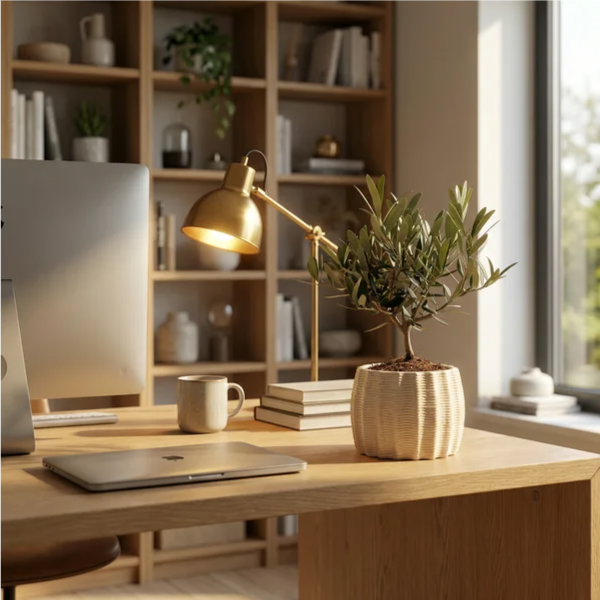 Olivo bonsai ceramica artigianale Dioniso su scrivania home office moderno lampada ottone