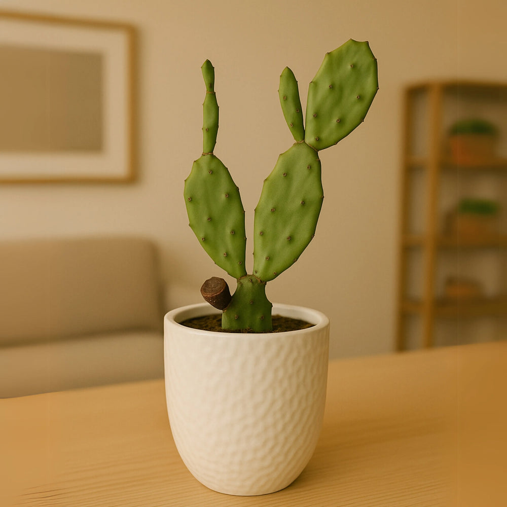 Pianta di Opuntia vulgaris (fico d’India) in vaso bianco effetto martellato su tavolo in salotto moderno. Cactus ornamentale da interno, ideale per arredamento minimal e decorazione green.

