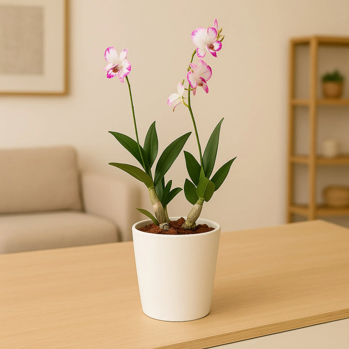 Orchidea Dendrobium con fiori bianchi e bordo fucsia in vaso bianco su tavolo in ambiente moderno. Pianta da interno elegante, ideale per arredamento minimal e decorazione naturale.