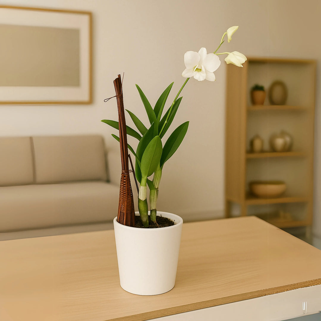 Orchidea Dendrobium bianca in fiore con tutore decorativo in rattan, in vaso bianco moderno su tavolo in salotto minimal. Pianta elegante da interno, ideale per arredamento naturale e spazi luminosi.