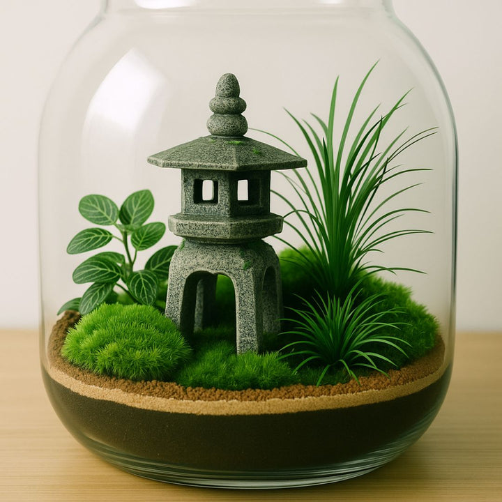 Terrarium con muschio e piante verdi, decorato con pagoda giapponese in resina, composizione zen in vaso di vetro.