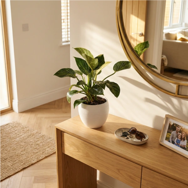 Philodendron Birkin in vaso Manacor su consolle rovere in ingresso moderno con specchio ottone