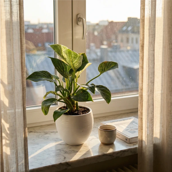 Philodendron Birkin in vaso Manacor come centrotavola su tavolo rovere con lampadario ottone caldo