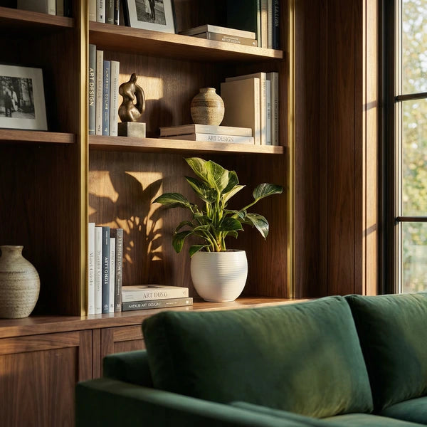 Libreria in noce con accenti ottone, scultura bronzo, divano velluto verde