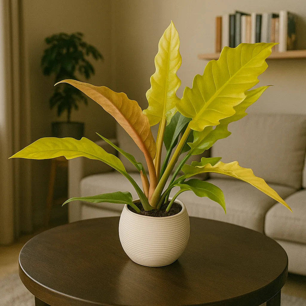 Pianta d'appartamento Philodendron Golden Dragon in vaso decorativo, esposta su tavolino in salotto moderno. Foglie verdi e giallo lime, perfetta per arredamento green e design naturale.