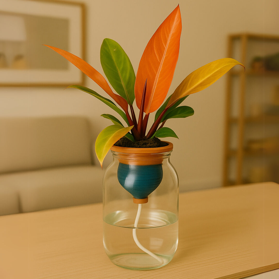 Philodendron 'Prince of Orange' coltivato in idrocoltura con vaso in vetro trasparente e cono in terracotta, su tavolo in salotto moderno. Foglie arancioni, gialle e verdi, ideale per arredamento green e design naturale.