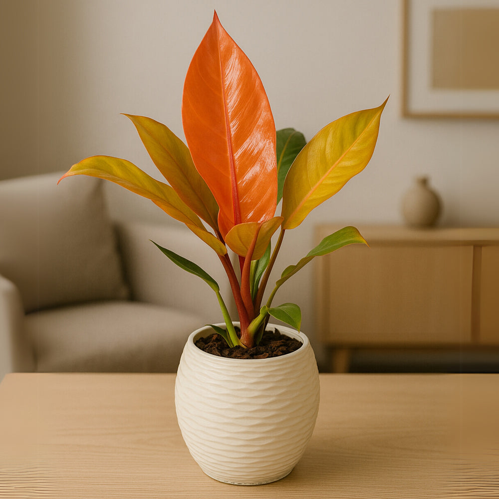 Pianta tropicale Philodendron Prince of Orange in vaso bianco moderno su tavolo in salotto dal design minimal. Foglie arancioni, gialle e verdi brillanti, ideale per interni luminosi e arredamento naturale.