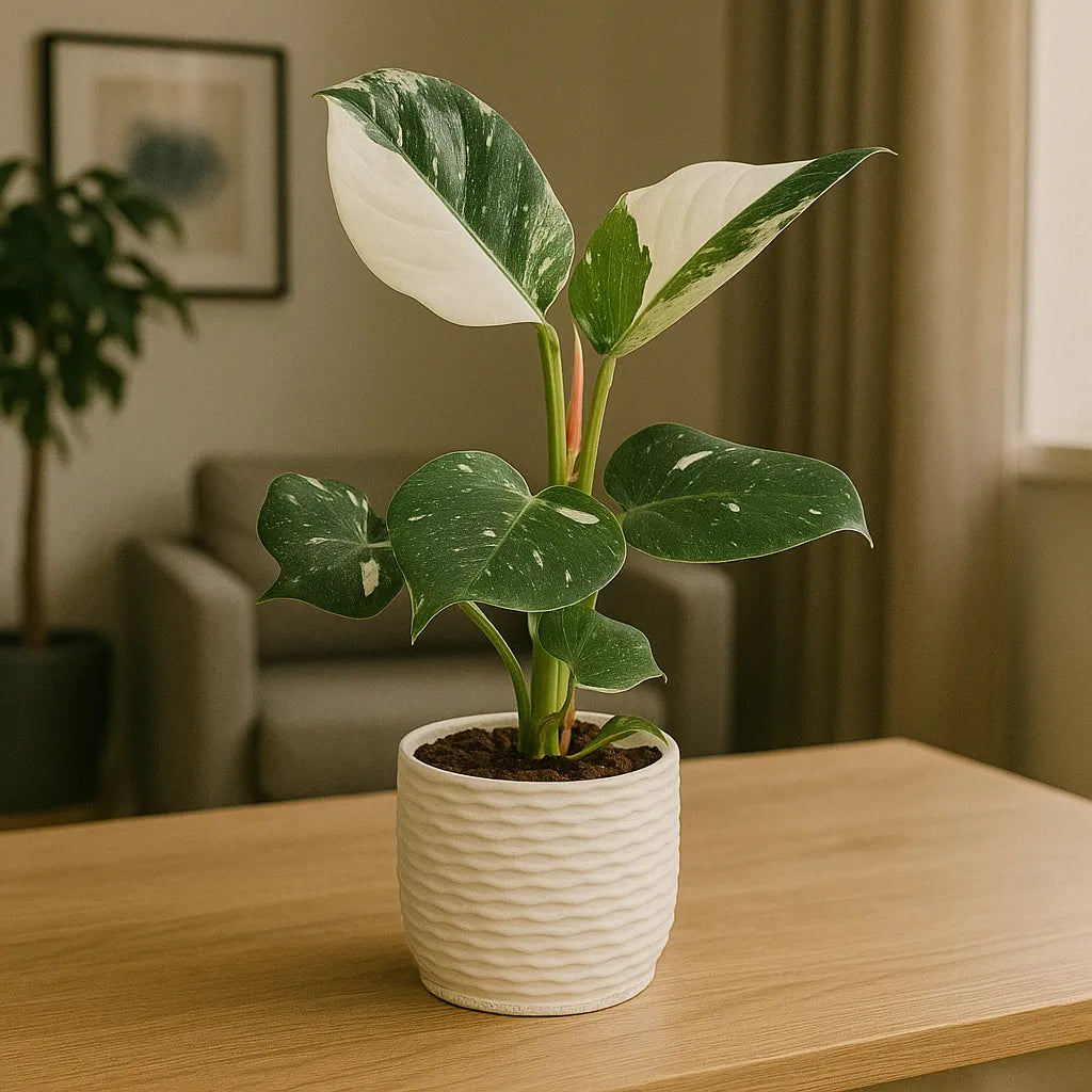 Pianta Philodendron White Princess con foglie variegate verdi e bianche in vaso moderno bianco, posizionata su tavolo in salotto elegante. Perfetta per arredamento green e ambienti raffinati.