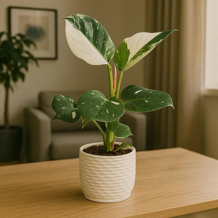 Pianta Philodendron White Princess con foglie variegate verdi e bianche in vaso moderno bianco, posizionata su tavolo in salotto elegante. Perfetta per arredamento green e ambienti raffinati.