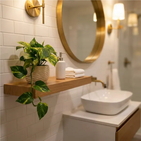 Pothos scindapsus aurea su mensola rovere in bagno moderno con specchio ottone