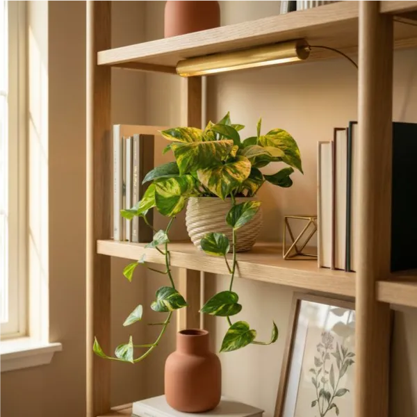 Pothos scindapsus aurea su mensola rovere in bagno moderno con specchio ottone.