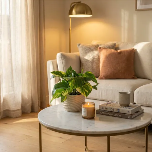 Pothos scindapsus aurea su tavolino marmo in soggiorno moderno con lampada dorata