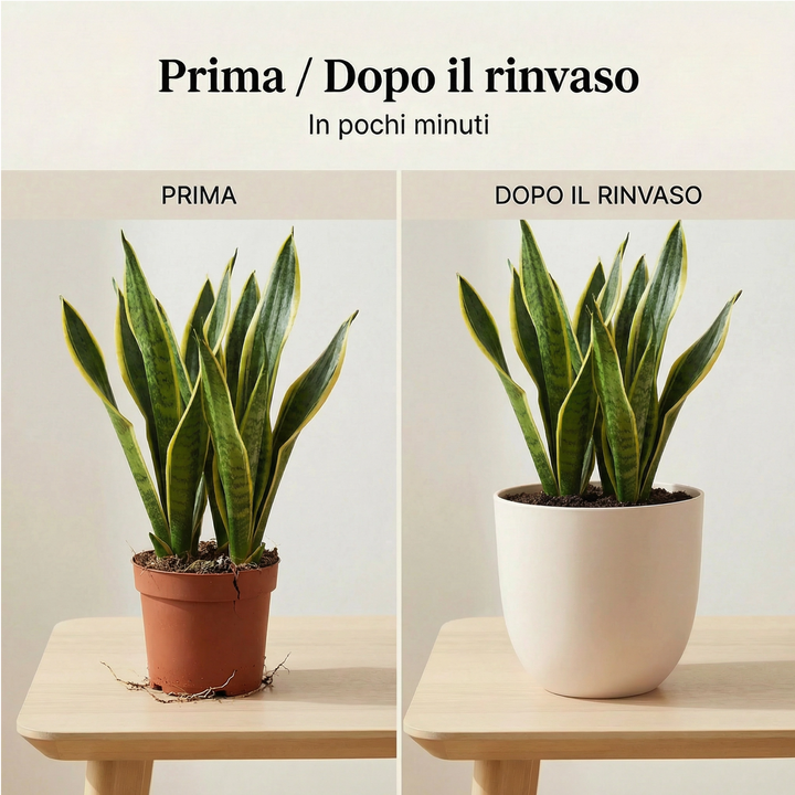 Sansevieria prima e dopo rinvaso: da vaso piccolo a coprivaso avorio elegante