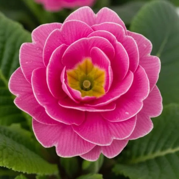 Dettaglio fiore rosa di primula bellerose con centro giallo e petali sovrapposti