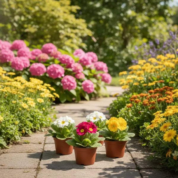 Primula bellerose in vaso con fiori colorati posizionata su vialetto in giardino fiorito