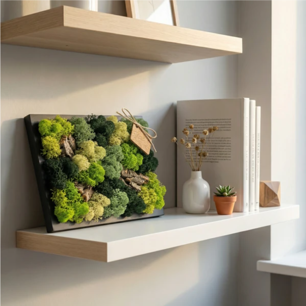 Quadro muschio stabilizzato - dettaglio texture muschio e licheni in ambiente moderno