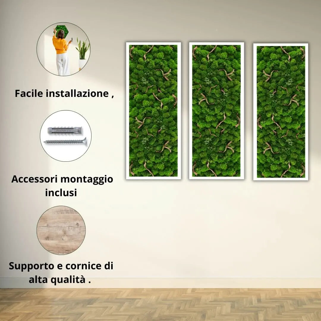 Set di tre quadri rettangolari in muschio stabilizzato con cornice bianca, installazione verticale, con dettagli su accessori di montaggio inclusi e supporto in legno di alta qualità, by I Giardini di Giulia.