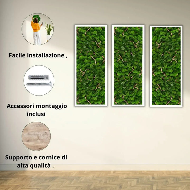 Set di tre quadri rettangolari in muschio stabilizzato con cornice bianca, installazione verticale, con dettagli su accessori di montaggio inclusi e supporto in legno di alta qualità, by I Giardini di Giulia.