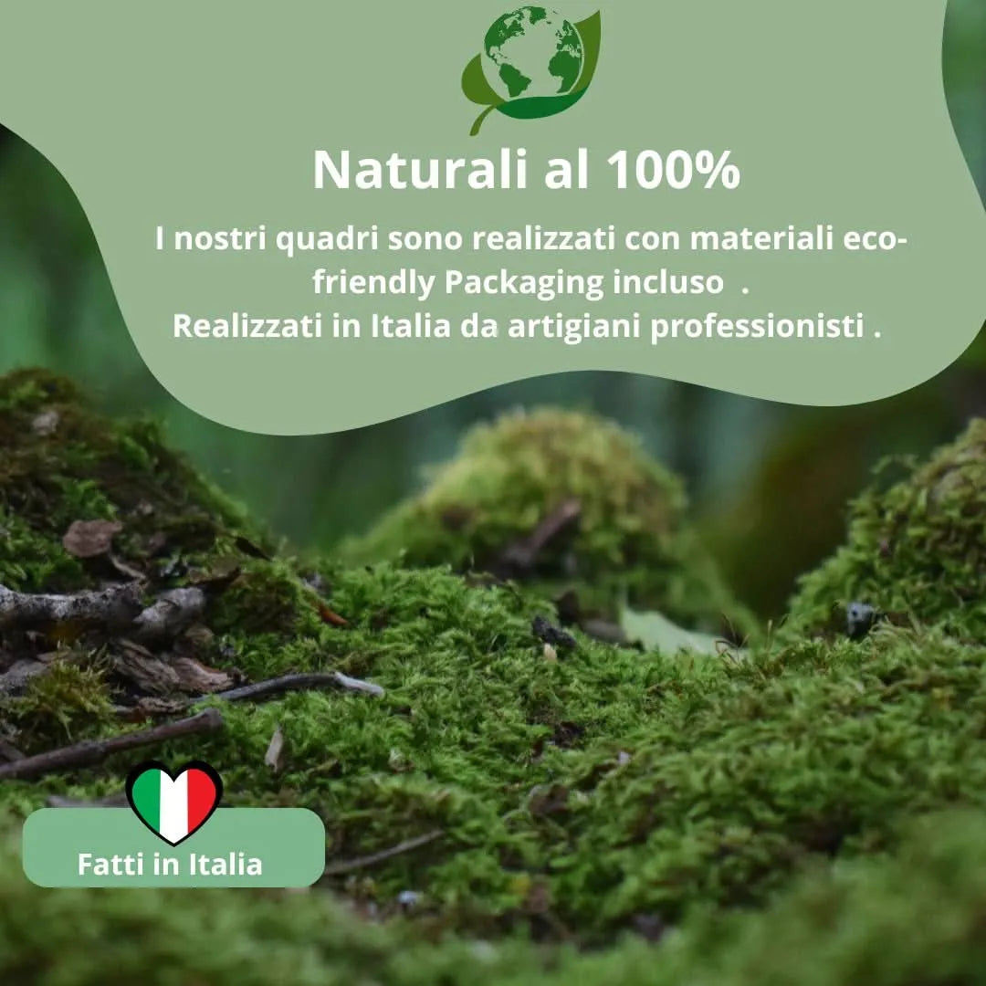 Materiali naturali e packaging eco-friendly per quadri in muschio stabilizzato – realizzati artigianalmente in Italia da I Giardini di Giulia