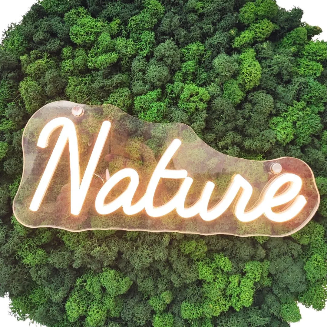 Dettaglio frontale di quadro rotondo decorativo con licheni e scritta LED