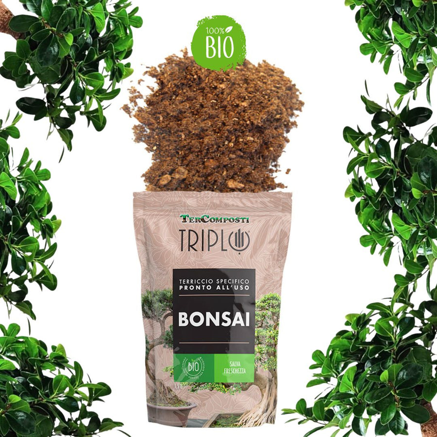 Sacchetto da 1,5 litri di terriccio BIO Triplo per bonsai, con substrato visibile e confezione salva freschezza. Ideale per coltivazione in vaso.