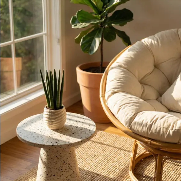 Sansevieria cylindrica mini in vaso Carina su tavolino terrazzo con poltrona papasan e ficus lyrata