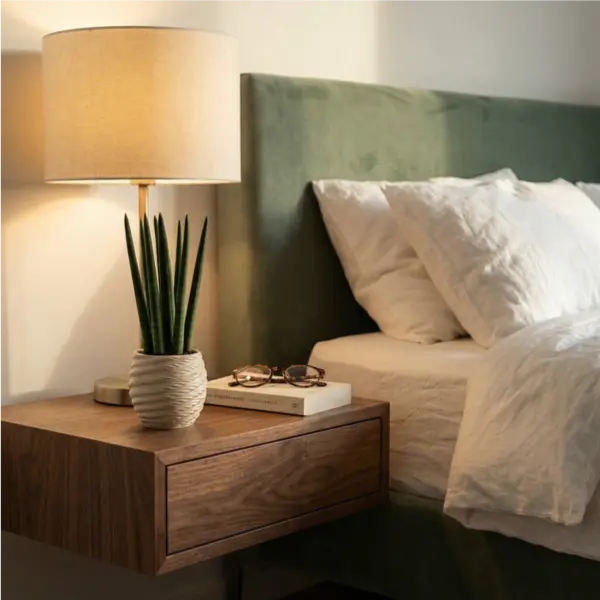 Sansevieria cylindrica mini in vaso Carina su comodino sospeso con lampada e testiera verde salvia