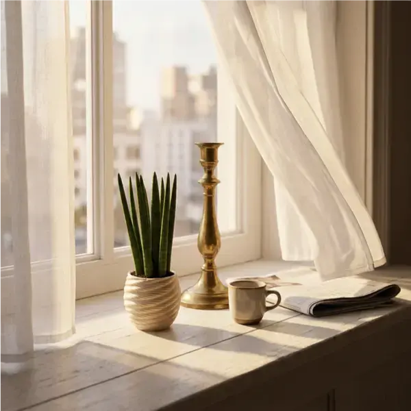 Davanzale con candeliere vintage, tazzina espresso e tende lino